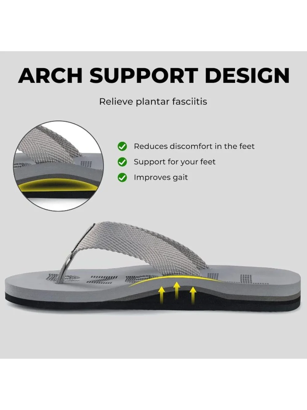 Men's Light Grey Flip Flops With Arch Support Summer Outdoor Beach Sandals